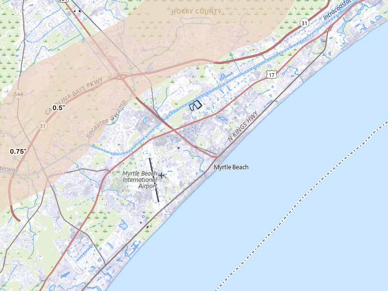Radar-estimated hail-size map of the storm over Myrtle Beach, SC on Aug 22, 2026