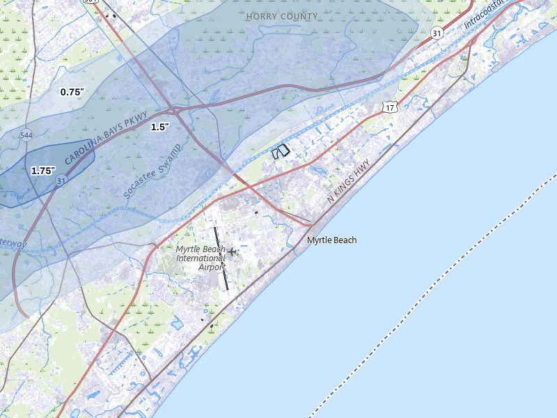 NEXRAD radar-signature map of the hail storm over Myrtle Beach, SC on Aug 22, 2026