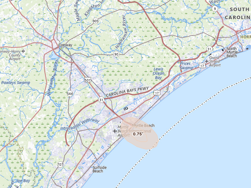 Radar-estimated hail-size map of the storm over Myrtle Beach, SC on Aug 24, 2026