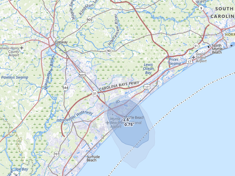 NEXRAD radar-signature map of the hail storm over Myrtle Beach, SC on Aug 24, 2026