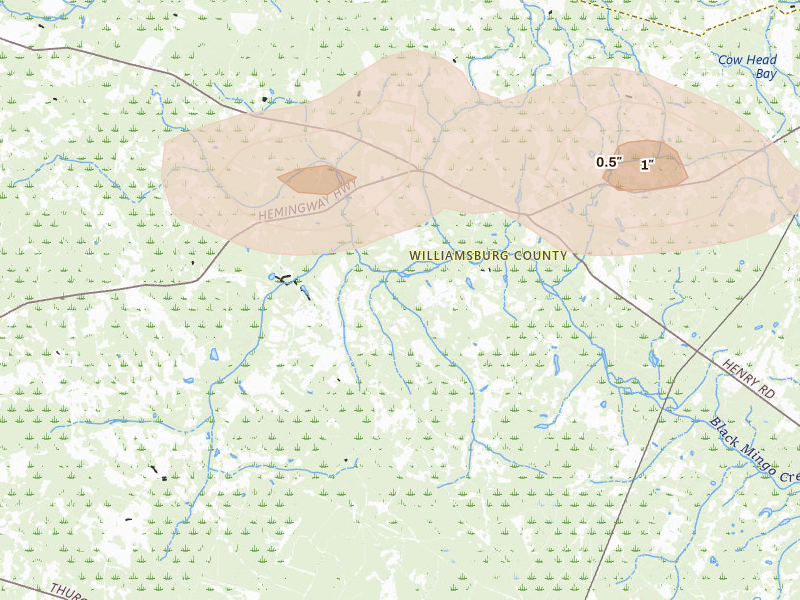 Radar-estimated hail-size map of the storm over Nesmith, SC on Jul 11, 2026