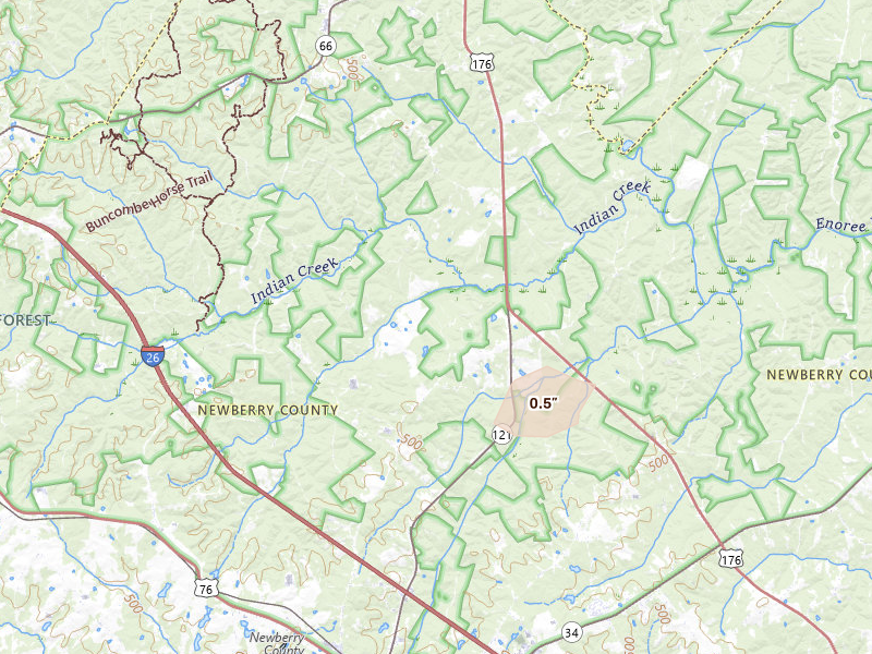 Radar-estimated hail-size map of the storm over Newberry, SC on Jul 4, 2026