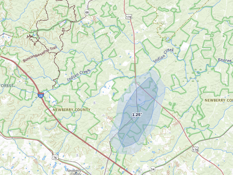 NEXRAD radar-signature map of the hail over Newberry, SC