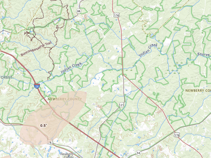 Radar-estimated hail-size map of the storm over Newberry, SC on Jul 6, 2026