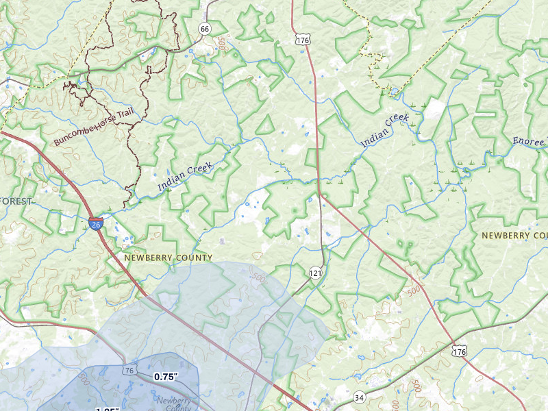 NEXRAD radar-signature map of the hail storm over Newberry, SC on Jul 6, 2026