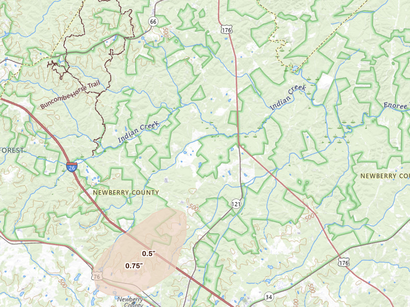 Radar-estimated hail-size map of the storm over Newberry, SC on Jul 10, 2026