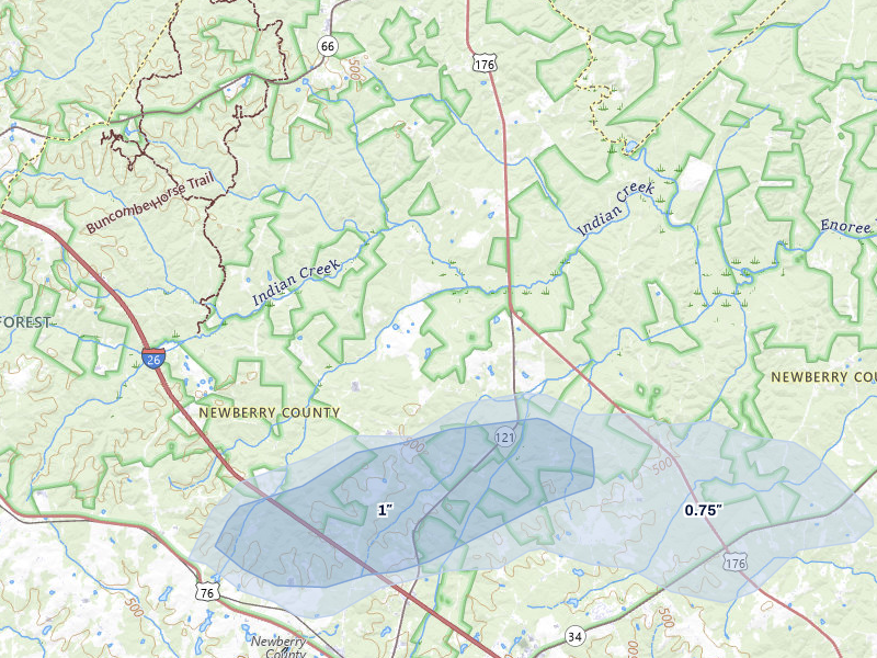 NEXRAD radar-signature map of the hail storm over Newberry, SC on Jul 10, 2026