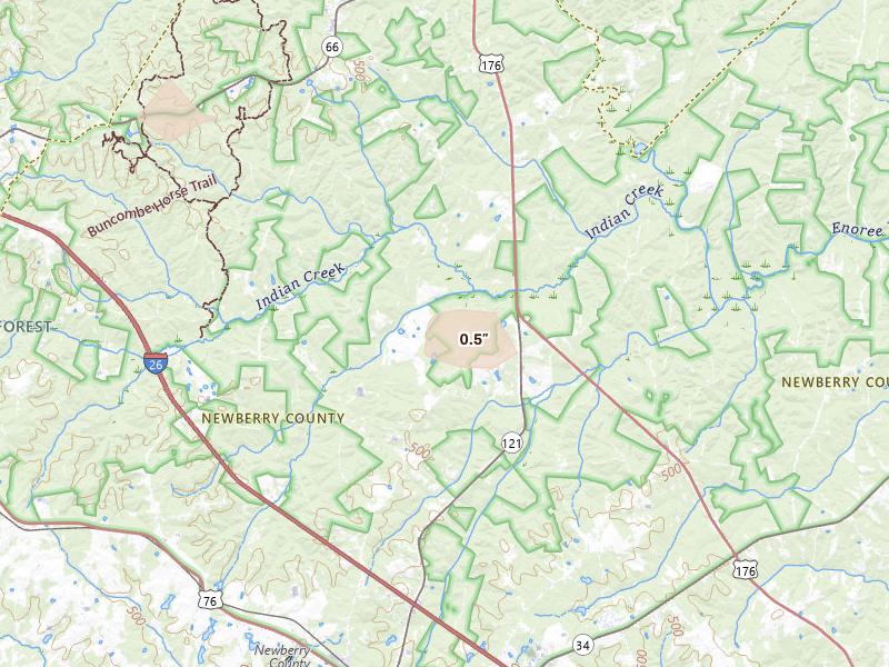 Radar-estimated hail-size map of the storm over Newberry, SC on Jul 12, 2026