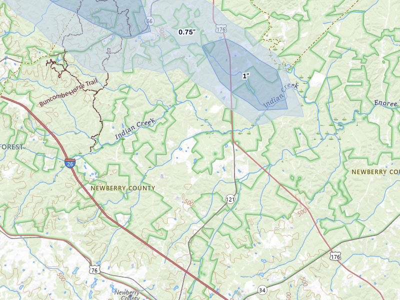 NEXRAD radar-signature map of the hail storm over Newberry, SC on Jul 12, 2026