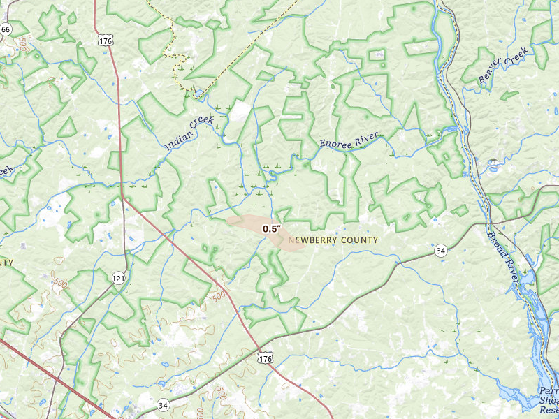 Radar-estimated hail-size map of the storm over Newberry, SC on Aug 11, 2026