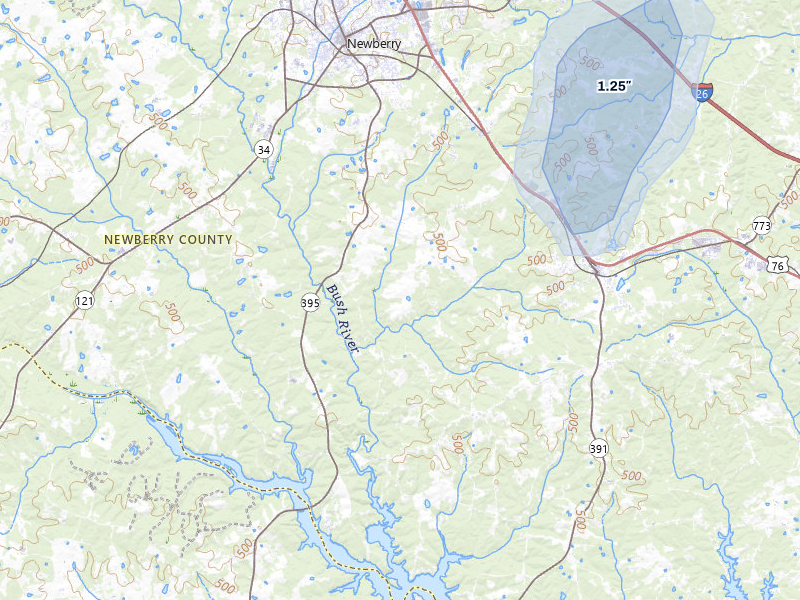 NEXRAD radar-signature map of the hail storm over Newberry, SC on Aug 11, 2026