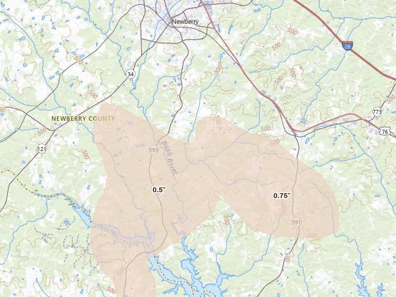 Radar-estimated hail-size map of the storm over Newberry, SC
