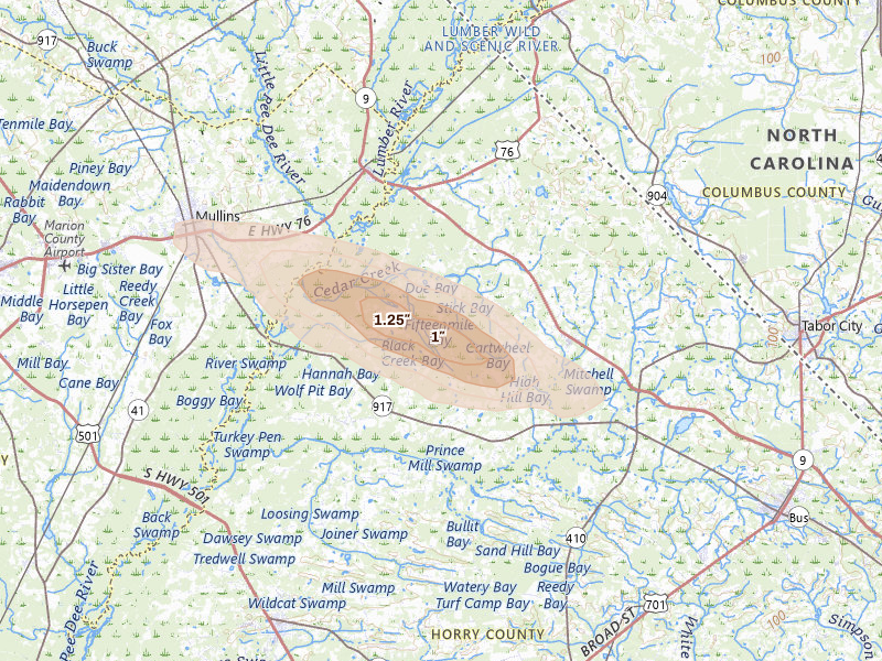 Radar-estimated hail-size map of the storm over Nichols, SC on May 11, 2026