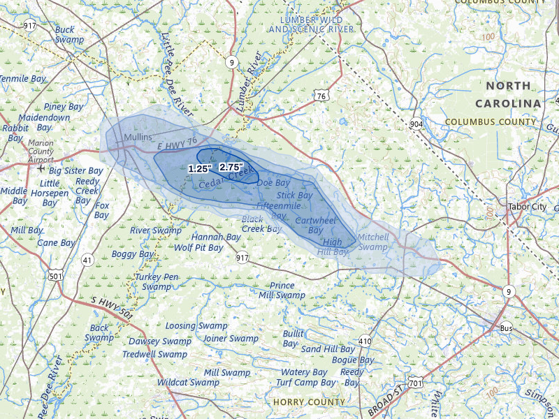 NEXRAD radar-signature map of the hail storm over Nichols, SC on May 11, 2026