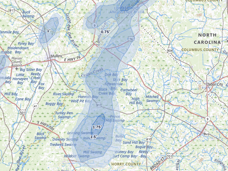 NEXRAD radar-signature map of the hail storm over Nichols, SC on Jul 5, 2026