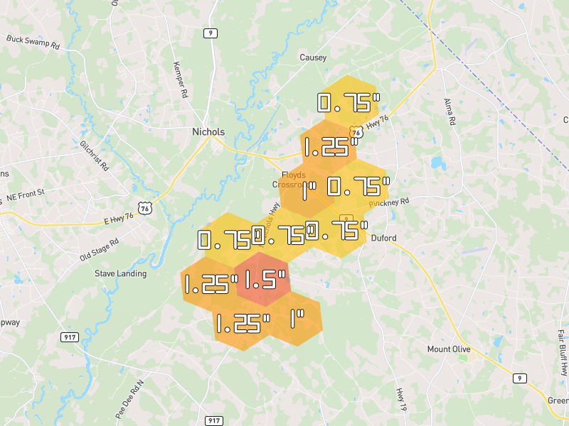 Hail map of Nichols, SC on Jul 5, 2026, hail up to 1.5"