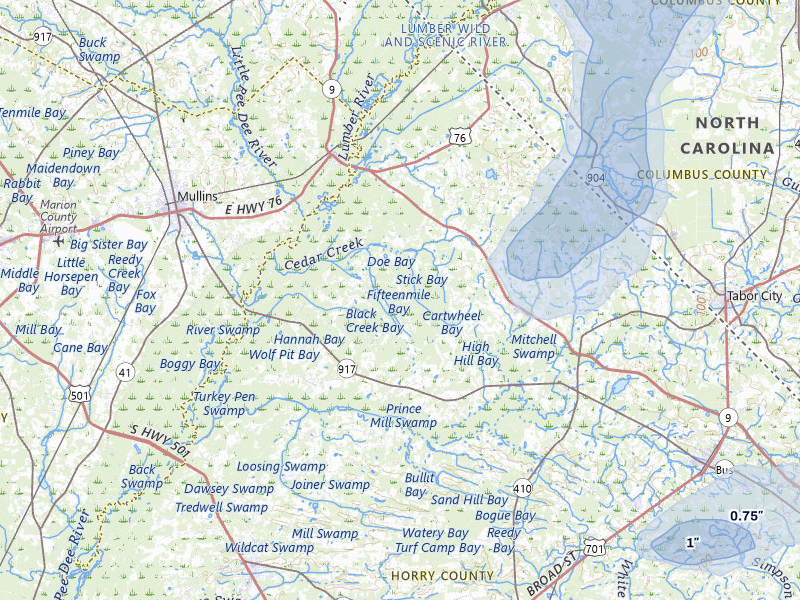 NEXRAD radar-signature map of the hail storm over Nichols, SC on Jul 6, 2026