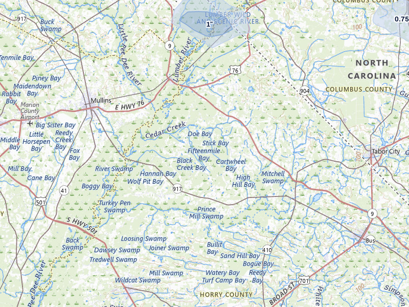 NEXRAD radar-signature map of the hail storm over Nichols, SC on Jul 7, 2026