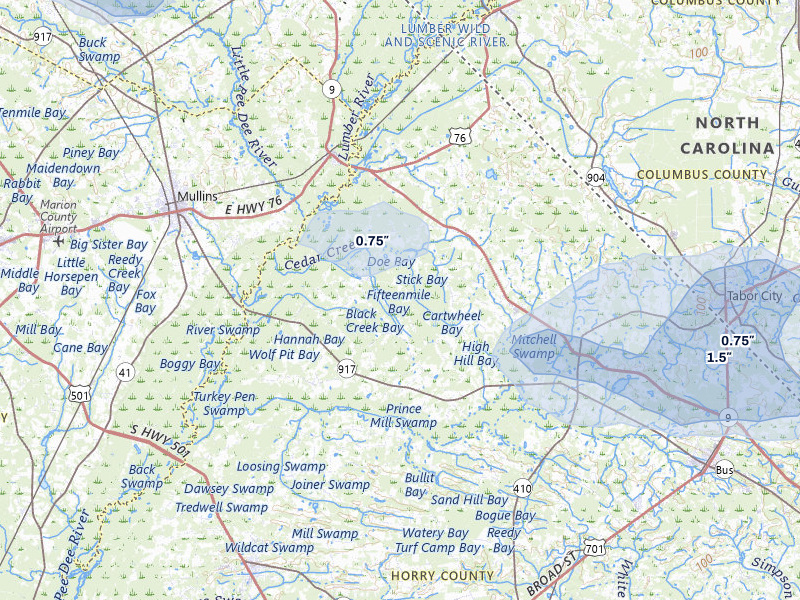 NEXRAD radar-signature map of the hail storm over Nichols, SC on Jul 11, 2026
