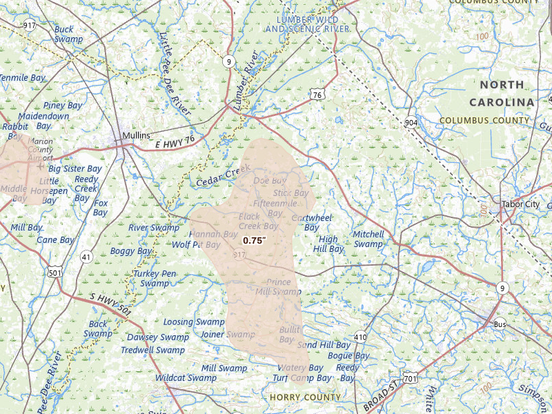 Radar-estimated hail-size map of the storm over Nichols, SC on Aug 16, 2026
