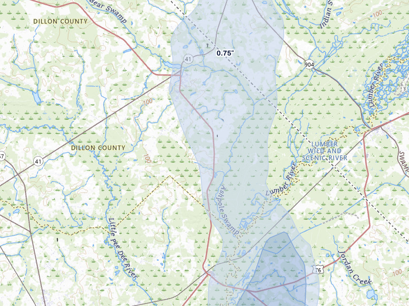 NEXRAD radar-signature map of the hail storm over Nichols, SC on Aug 16, 2026