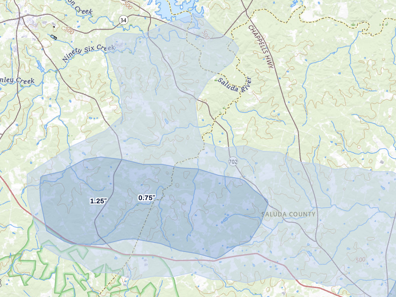NEXRAD radar-signature map of the hail storm over Ninety Six, SC on Aug 6, 2026