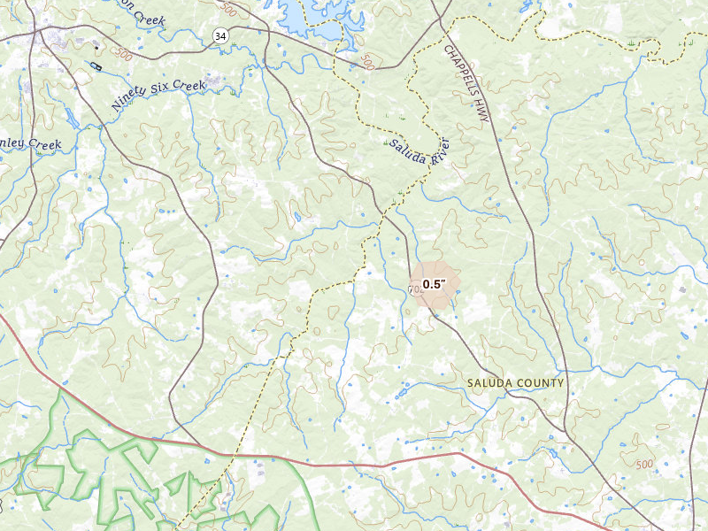 Radar-estimated hail-size map of the storm over Ninety Six, SC on Aug 14, 2026