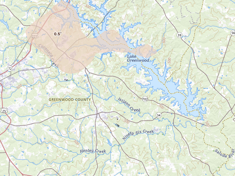 Radar-estimated hail-size map of the storm over Ninety Six, SC on Sep 5, 2026