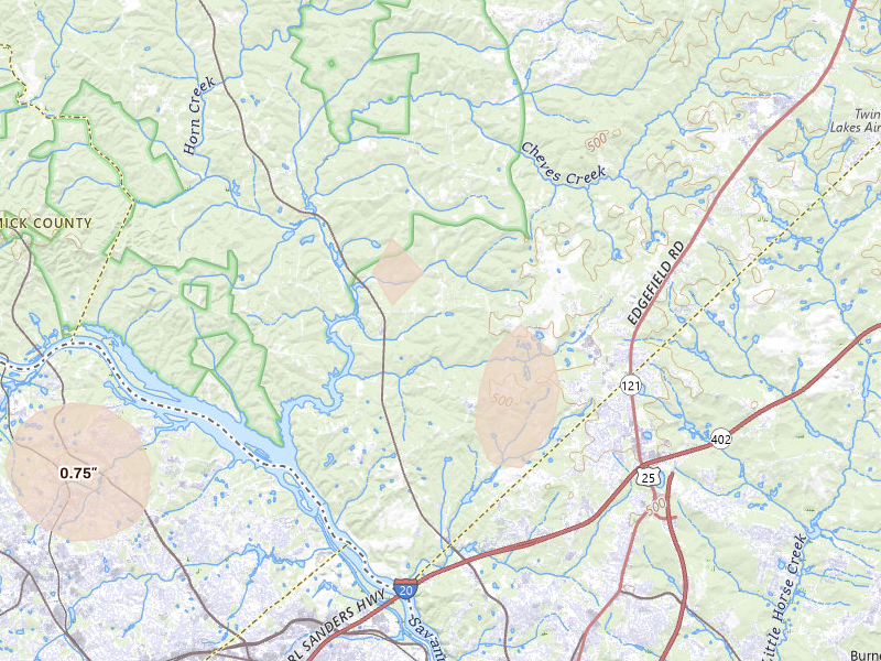 Radar-estimated hail-size map of the storm over North Augusta, SC on Aug 14, 2026