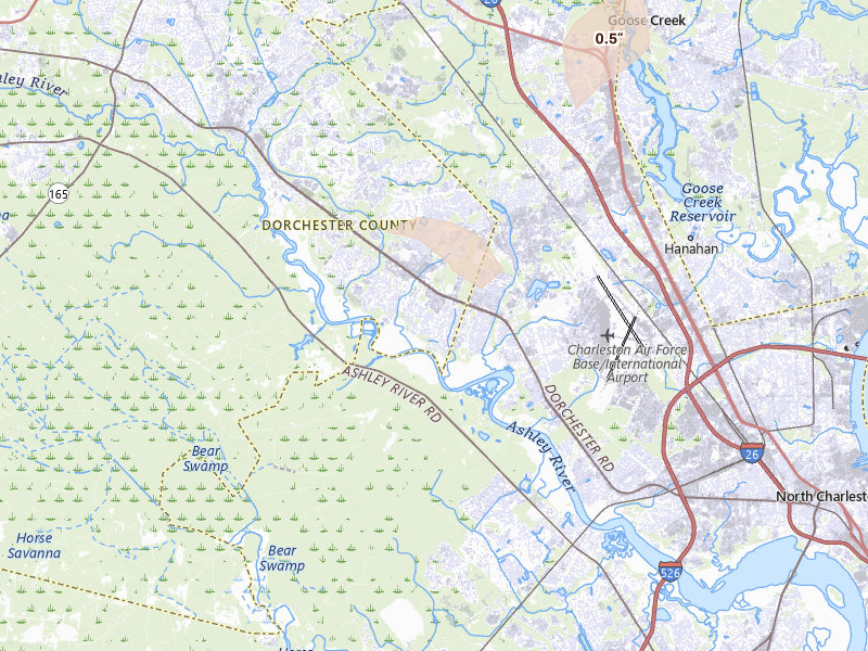 Radar-estimated hail-size map of the storm over North Charleston, SC on Mar 15, 2026