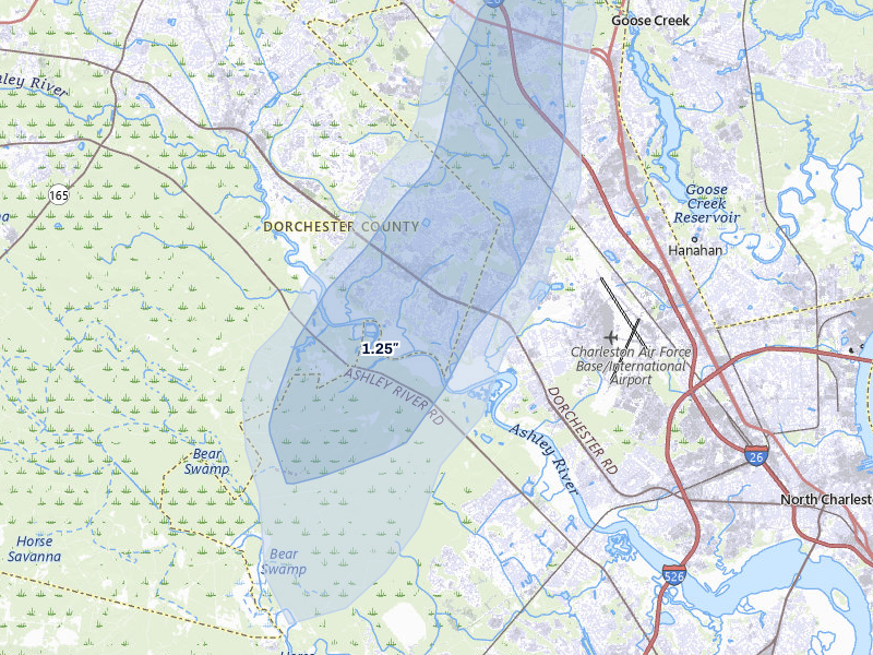 NEXRAD radar-signature map of the hail over North Charleston, SC