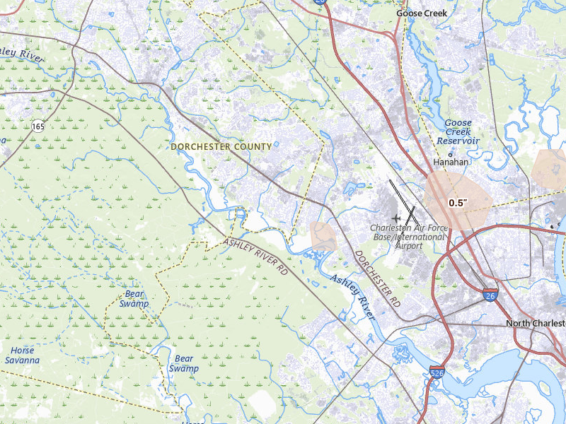 Radar-estimated hail-size map of the storm over North Charleston, SC on Apr 29, 2026