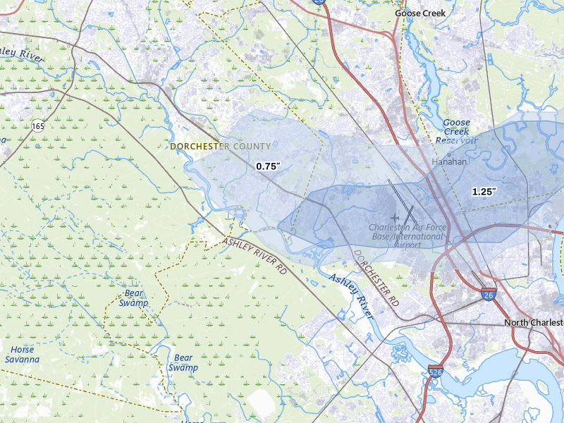 NEXRAD radar-signature map of the hail storm over North Charleston, SC on Apr 29, 2026