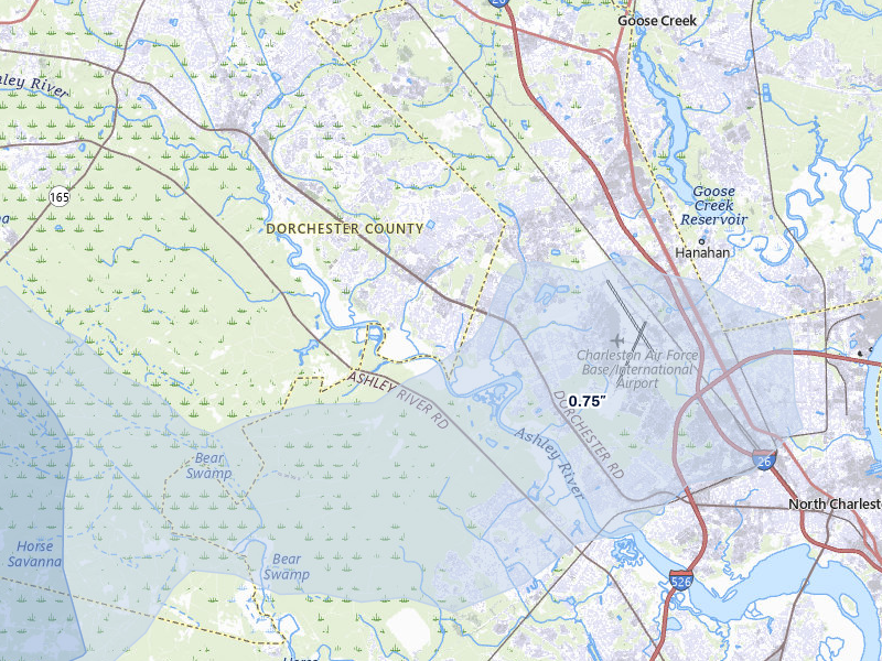 NEXRAD radar-signature map of the hail storm over North Charleston, SC on Jul 5, 2026