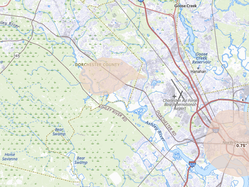 Radar-estimated hail-size map of the storm over North Charleston, SC on Jul 8, 2026