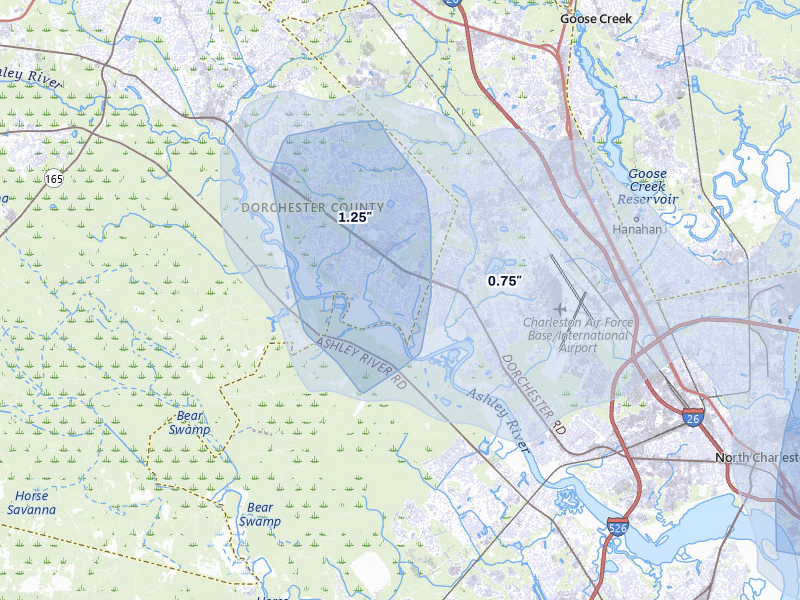 NEXRAD radar-signature map of the hail storm over North Charleston, SC on Jul 8, 2026