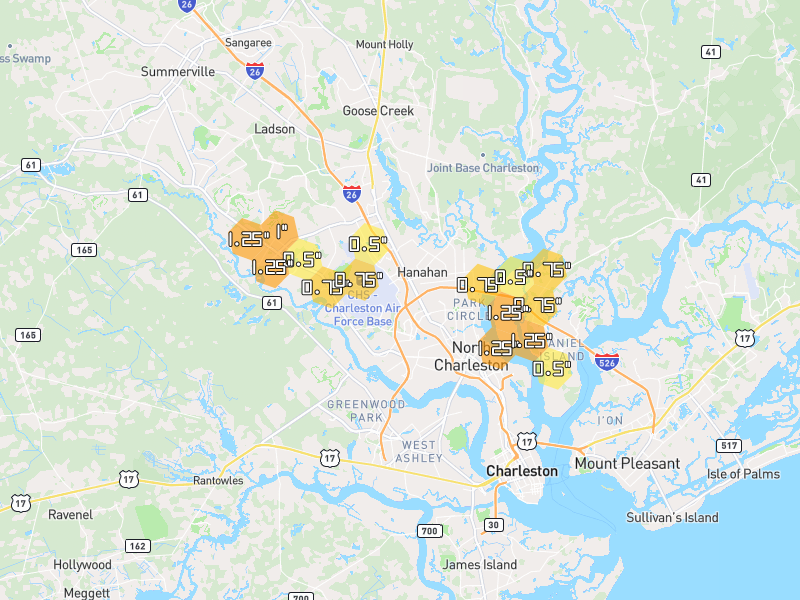 Hail map of North Charleston, SC on Jul 8, 2026, hail up to 1.25"