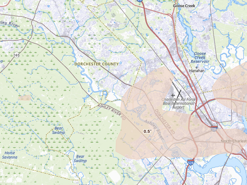 Radar-estimated hail-size map of the storm over North Charleston, SC on Jul 10, 2026