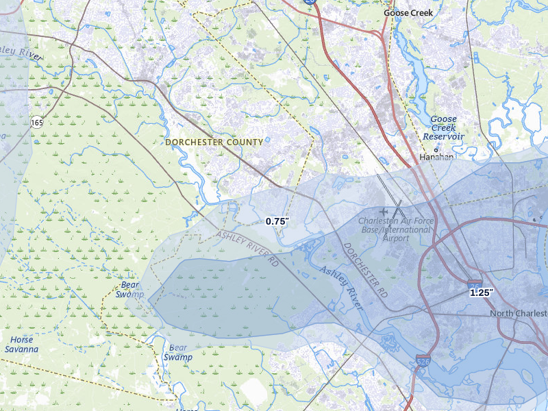 NEXRAD radar-signature map of the hail storm over North Charleston, SC on Jul 10, 2026