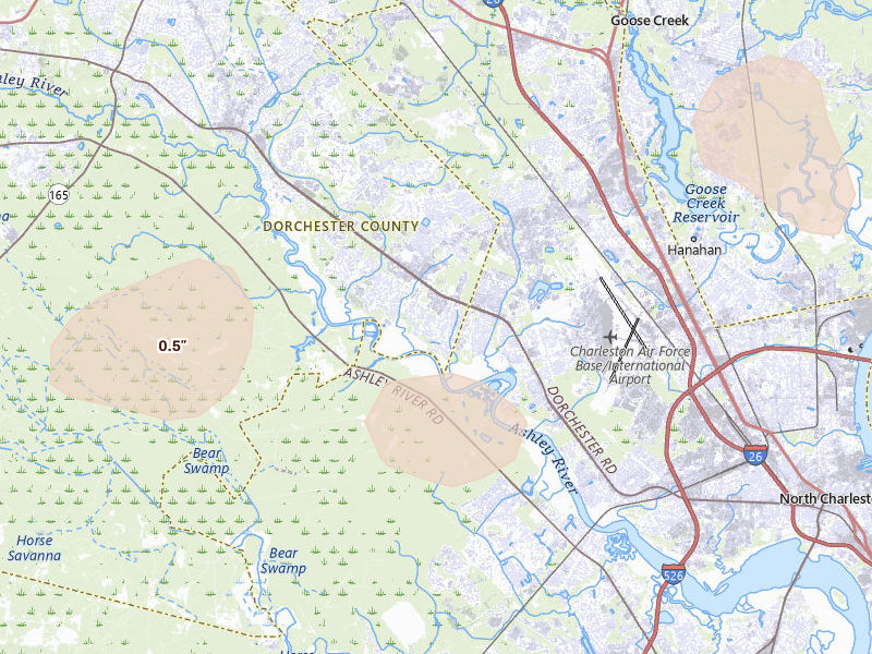 Radar-estimated hail-size map of the storm over North Charleston, SC on Aug 22, 2026
