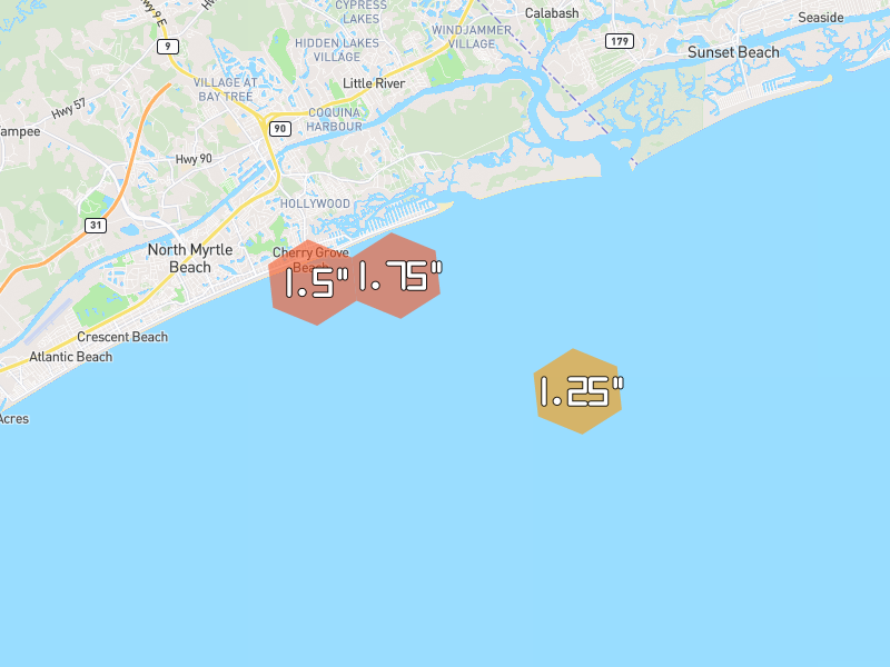 Hail map of North Myrtle Beach, SC on Jul 11, 2026, hail up to 1.75"