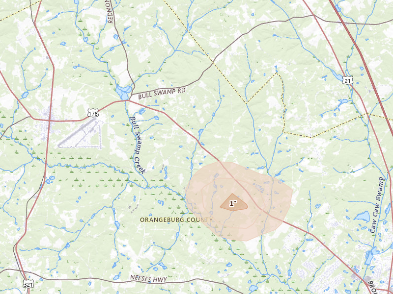 Radar-estimated hail-size map of the storm over North, SC on Jul 5, 2026