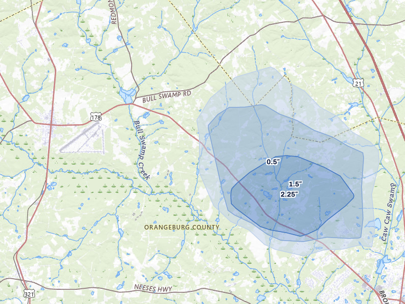 NEXRAD radar-signature map of the hail storm over North, SC on Jul 5, 2026