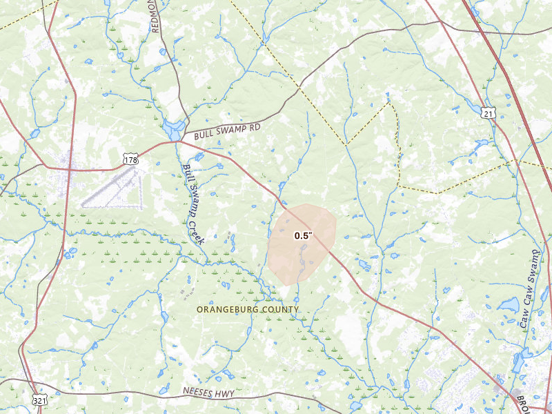 Radar-estimated hail-size map of the storm over North, SC on Aug 1, 2026