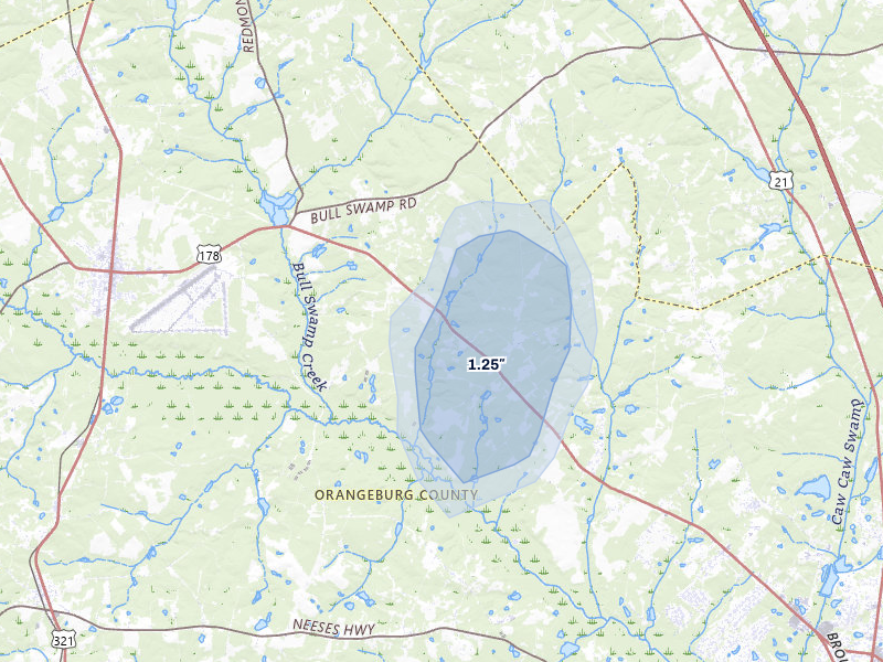 NEXRAD radar-signature map of the hail storm over North, SC on Aug 1, 2026