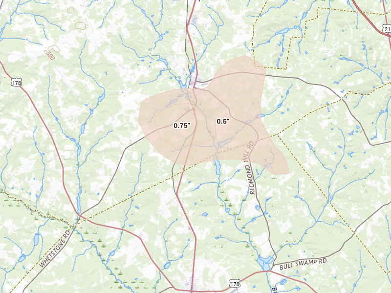 Radar-estimated hail-size map of the storm over North, SC on Aug 10, 2026