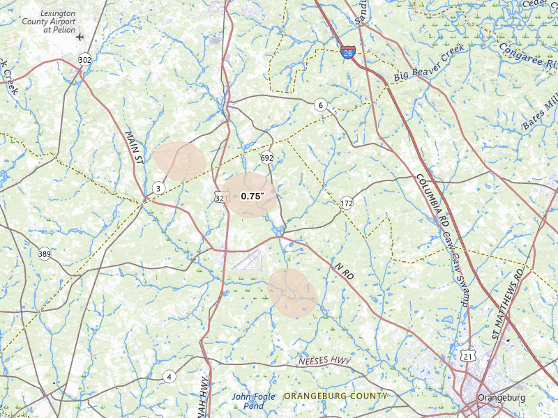Radar-estimated hail-size map of the storm over North, SC on Aug 14, 2026