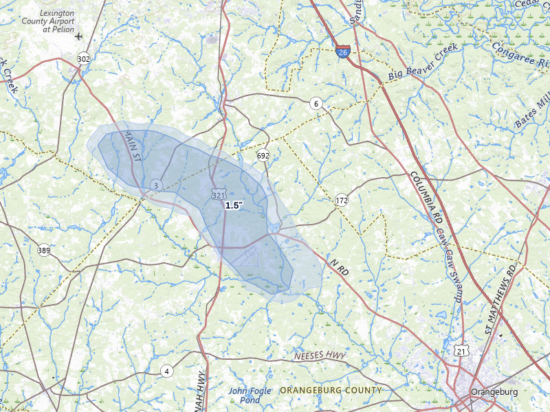 NEXRAD radar-signature map of the hail storm over North, SC on Aug 14, 2026