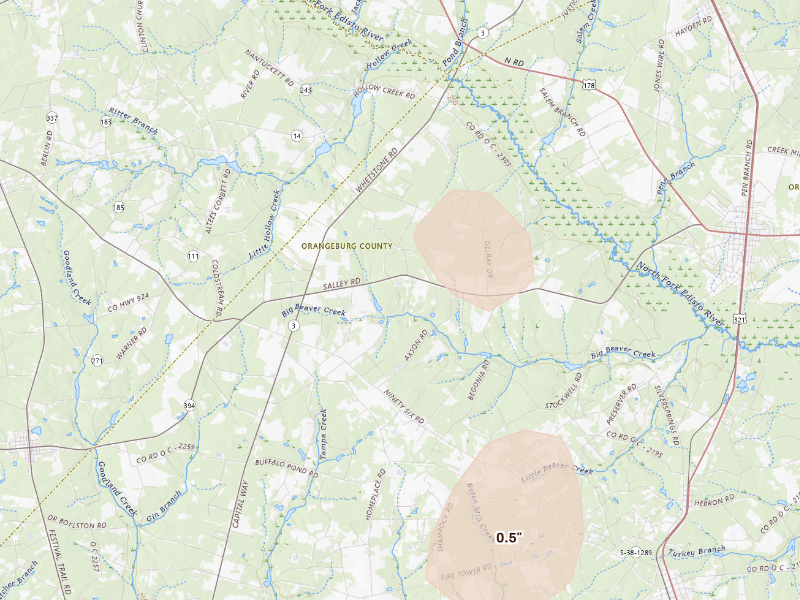 Radar-estimated hail-size map of the storm over North, SC