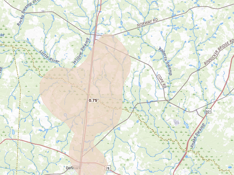 Radar-estimated hail-size map of the storm over Norway, SC on Aug 13, 2026